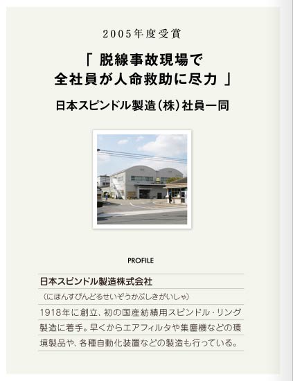 05年度受賞 脱線事故現場での救援活動 日本スピンドル製造株式会社社員一同 Citizen Of The Year Web Magazine